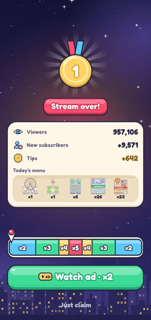 The stream report with viewers, tips and rank