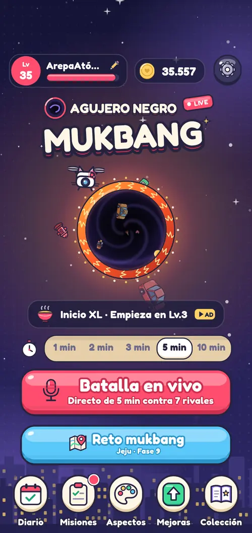 La pantalla principal con el botón para empezar el directo